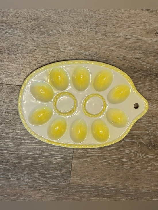 Other - Vintage Mid Century Oval Deviled Egg Tray White & Yellow